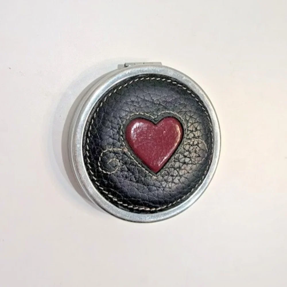 Brighton Heart Red and Black Leather Metal Dual Mirror Compact Stitching Y2K